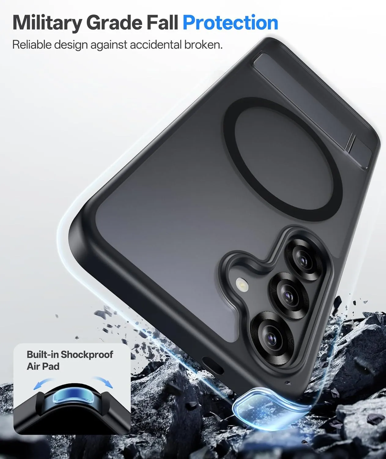 for Samsung Galaxy S25  Plus Case, Compatible with MagSafe & Built-in Stand, Military Grade Drop, Matte Rugged Shockproof Translucent Phone Cover Case for S25  Plus 6.7" 2025, Black