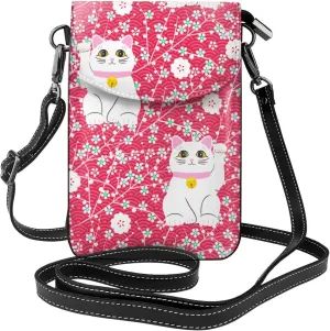 Fortune Cat Small Crossbody Bags for Women Travel Cell Phone Pouch PU Leather Cross Body Bag Adjustable Shoulder Strap Phone Purses Lightweight Wallet Purse with Credit Card Slots