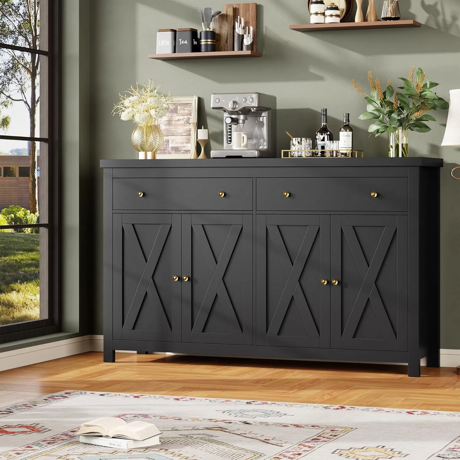 FOTOSOK Sideboard Buffet Cabinet with Storage, 55" Large Kitchen Storage Cabinet with 2 Drawers and 4 Doors, Wood Coffee Bar Buffet Table for Kitchen Dining Room, Black