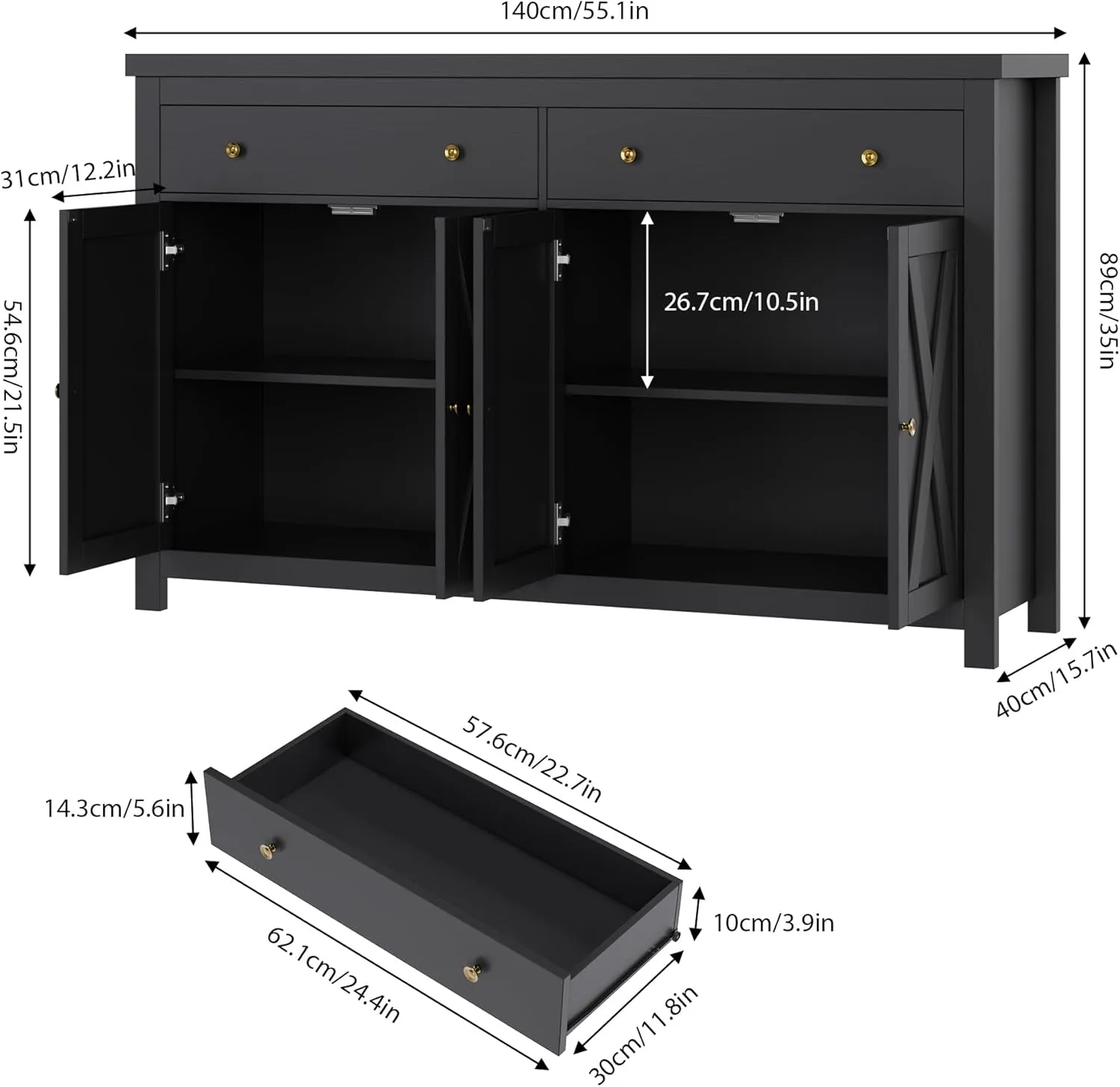 FOTOSOK Sideboard Buffet Cabinet with Storage, 55" Large Kitchen Storage Cabinet with 2 Drawers and 4 Doors, Wood Coffee Bar Buffet Table for Kitchen Dining Room, Black