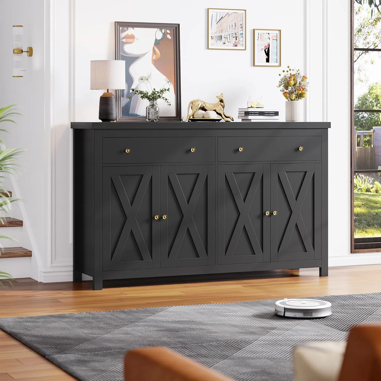 FOTOSOK Sideboard Buffet Cabinet with Storage, 55" Large Kitchen Storage Cabinet with 2 Drawers and 4 Doors, Wood Coffee Bar Buffet Table for Kitchen Dining Room, Black