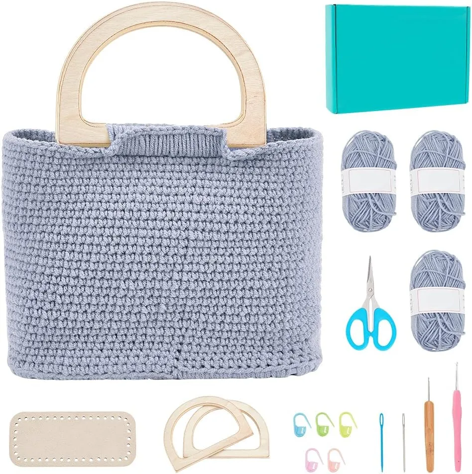 FREEBLOSS Crochet Kit for Beginners Grey Crochet Tote Bag with Wood Handles Crochet Knitted Bag Crochet Starter Kit with Step-by-Step Video Tutorials Knitting Kit for Gift