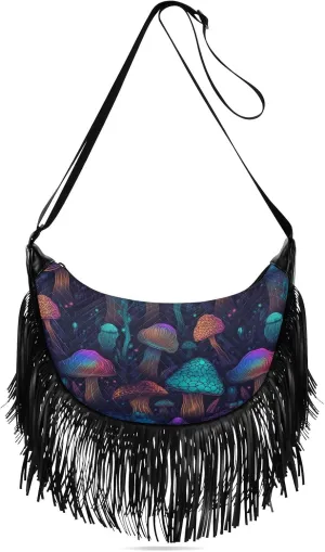 Fringe Hippie Purses Mystical Purple Mushroom Print, Western Tassel Bags Crossbody Bags for Women with Adjustable Strap Fabric and PU Material