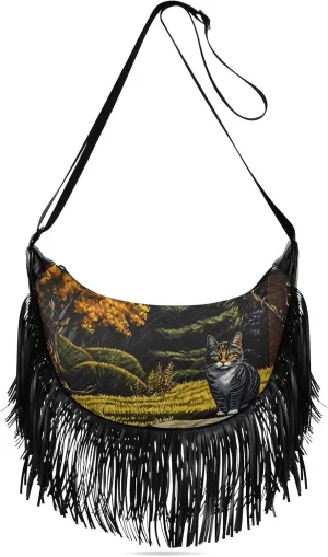 Fringe Hippie Purses Yard Cat Print, Western Tassel Bags Crossbody Bags for Women with Adjustable Strap Fabric PU Material