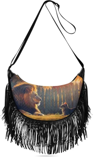Fringe Hippie Purses Yard Lion Cat Print, Western Tassel Bags Crossbody Bags for Women with Adjustable Strap Fabric PU Material