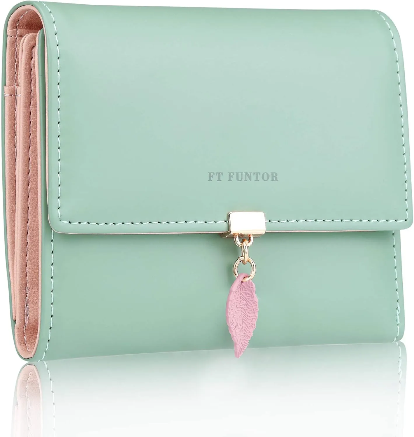 FT FUNTOR RFID Wallets for Women, Leaf Card Holder Trifold Ladies Wallets Coins Zipper Pocket with ID Window Green