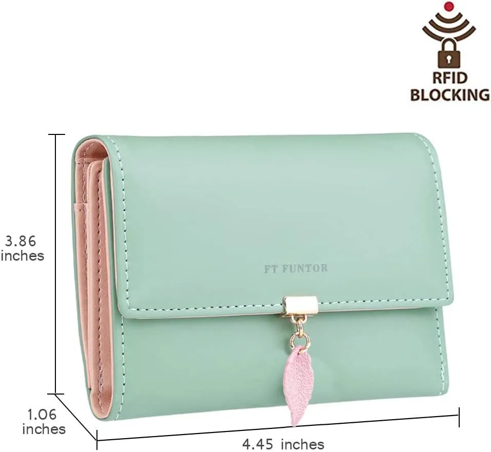 FT FUNTOR RFID Wallets for Women, Leaf Card Holder Trifold Ladies Wallets Coins Zipper Pocket with ID Window Green
