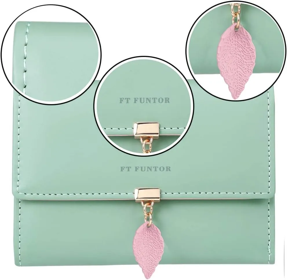FT FUNTOR RFID Wallets for Women, Leaf Card Holder Trifold Ladies Wallets Coins Zipper Pocket with ID Window Green