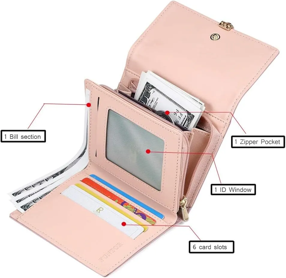 FT FUNTOR RFID Wallets for Women, Leaf Card Holder Trifold Ladies Wallets Coins Zipper Pocket with ID Window Green