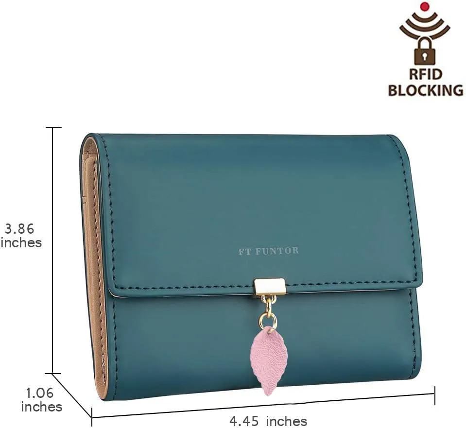 FT FUNTOR RFID Wallets for Women, Leaf Card Holder Trifold Ladies Wallets Coins Zipper Pocket with ID Window Small Teal Blue