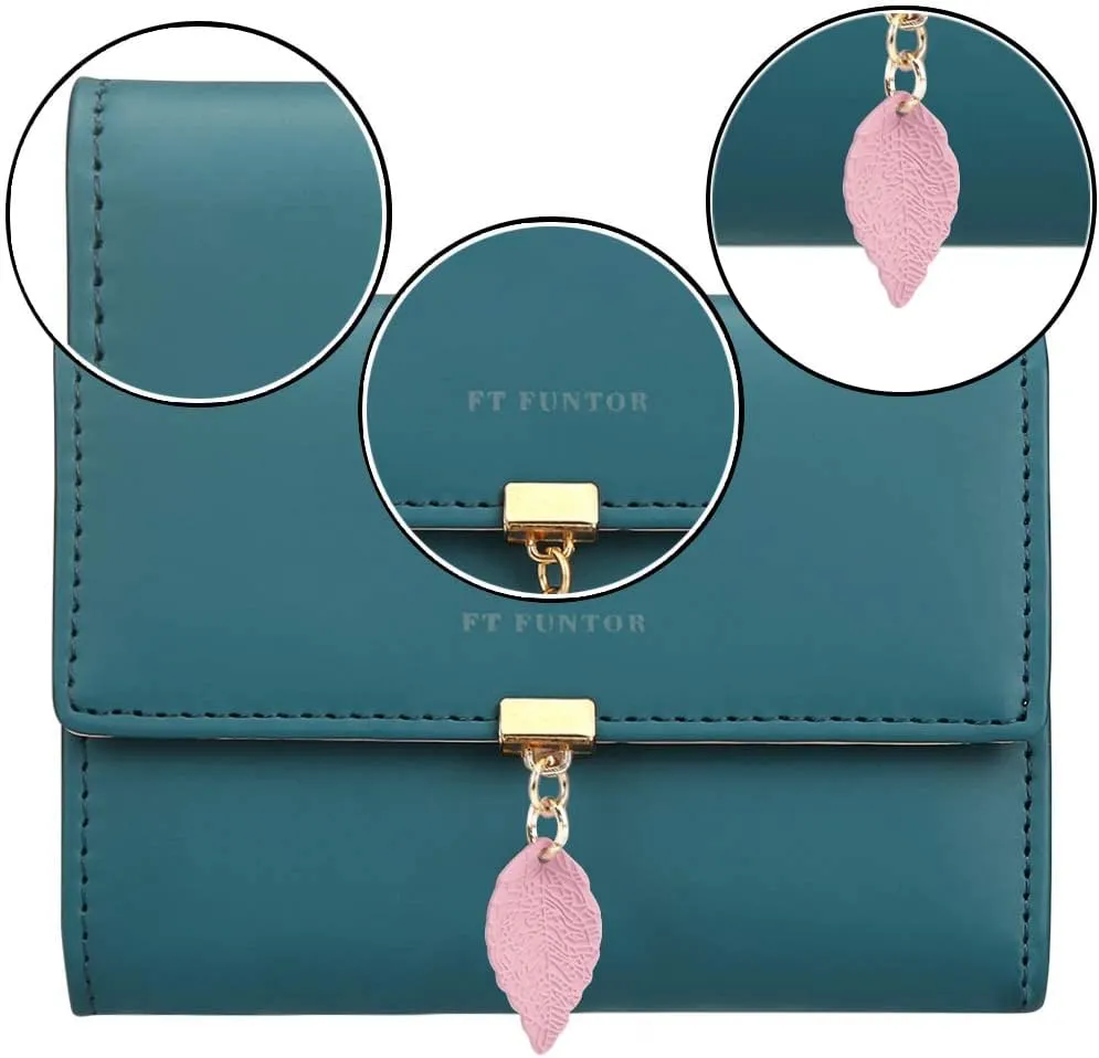 FT FUNTOR RFID Wallets for Women, Leaf Card Holder Trifold Ladies Wallets Coins Zipper Pocket with ID Window Small Teal Blue