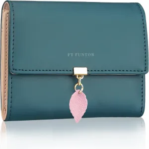 FT FUNTOR RFID Wallets for Women, Leaf Card Holder Trifold Ladies Wallets Coins Zipper Pocket with ID Window Small Teal Blue