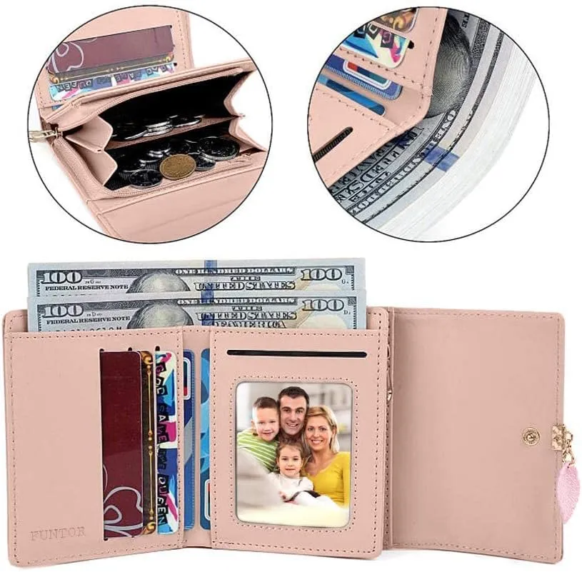 FT FUNTOR RFID Wallets for Women, Leaf Card Holder Trifold Ladies Wallets Coins Zipper Pocket with ID Window Small Teal Blue