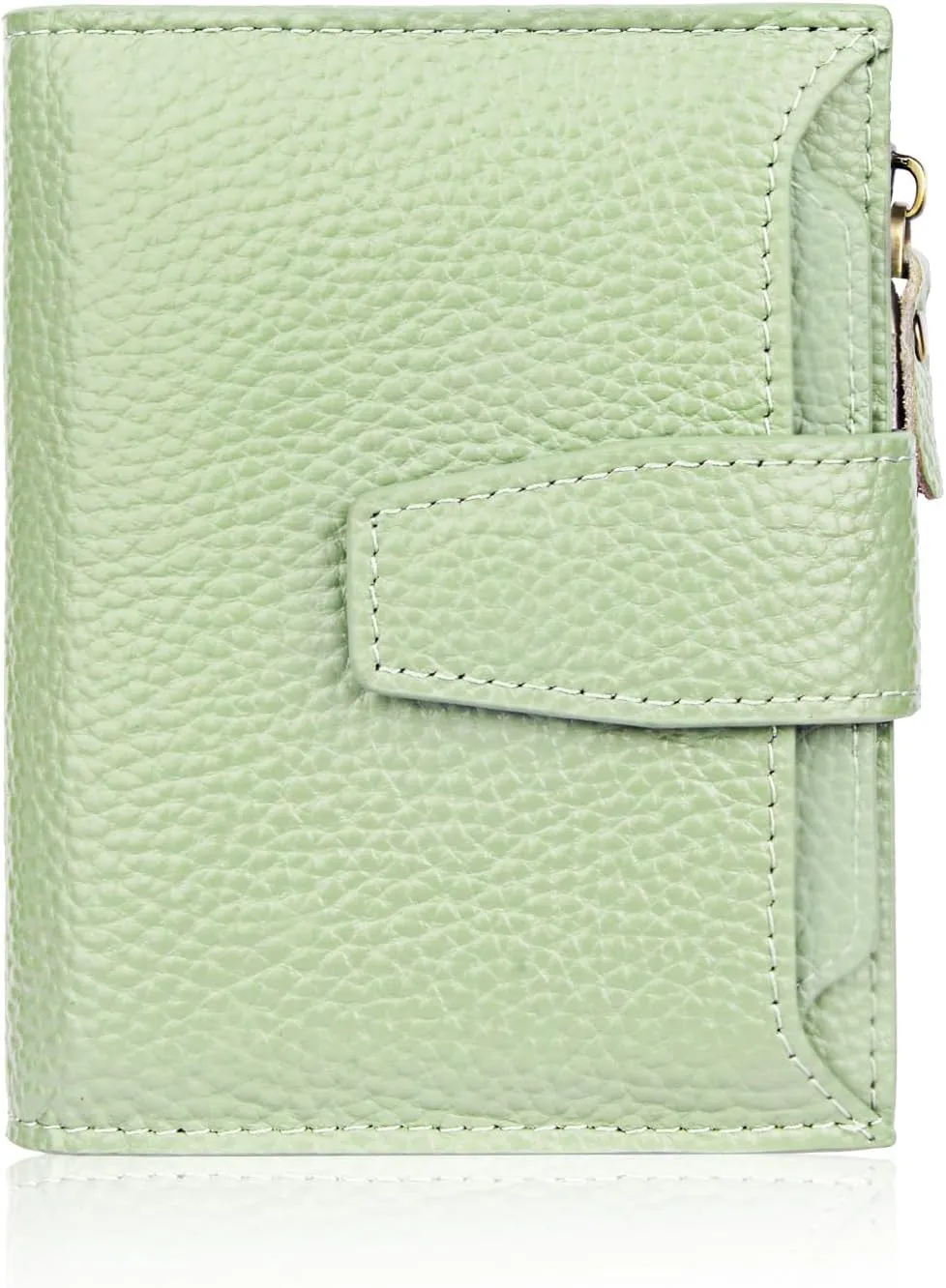 FT FUNTOR Small Wallet for Women Genuine Leather Bifold Compact RFID Blocking Zipper Pocket Ladies Credit Card Slots Purse with ID Window (Lychee Light Green)