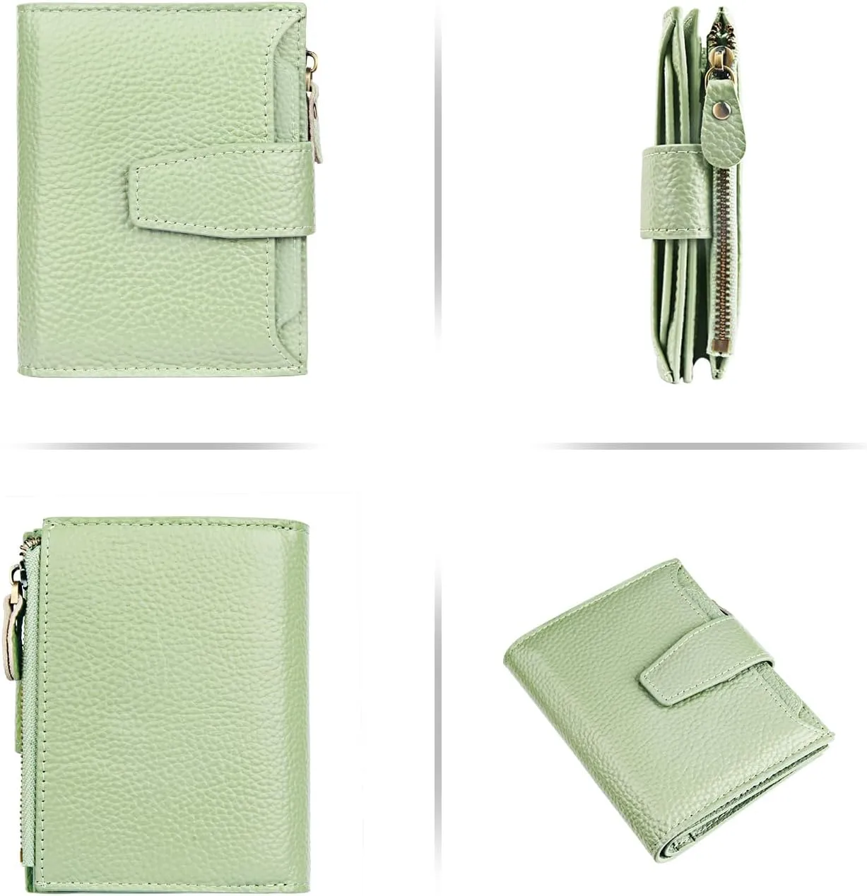 FT FUNTOR Small Wallet for Women Genuine Leather Bifold Compact RFID Blocking Zipper Pocket Ladies Credit Card Slots Purse with ID Window (Lychee Light Green)
