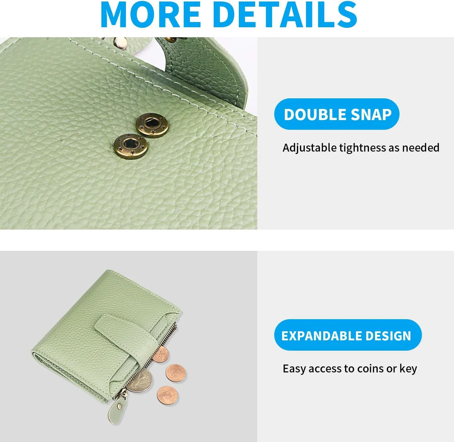 FT FUNTOR Small Wallet for Women Genuine Leather Bifold Compact RFID Blocking Zipper Pocket Ladies Credit Card Slots Purse with ID Window (Lychee Light Green)