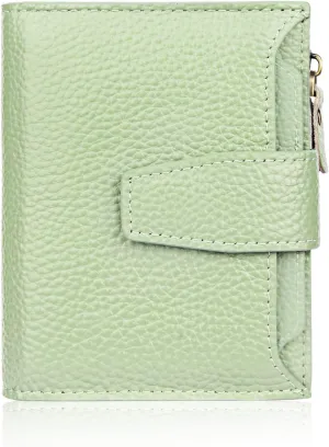 FT FUNTOR Small Wallet for Women Genuine Leather Bifold Compact RFID Blocking Zipper Pocket Ladies Credit Card Slots Purse with ID Window (Lychee Light Green)