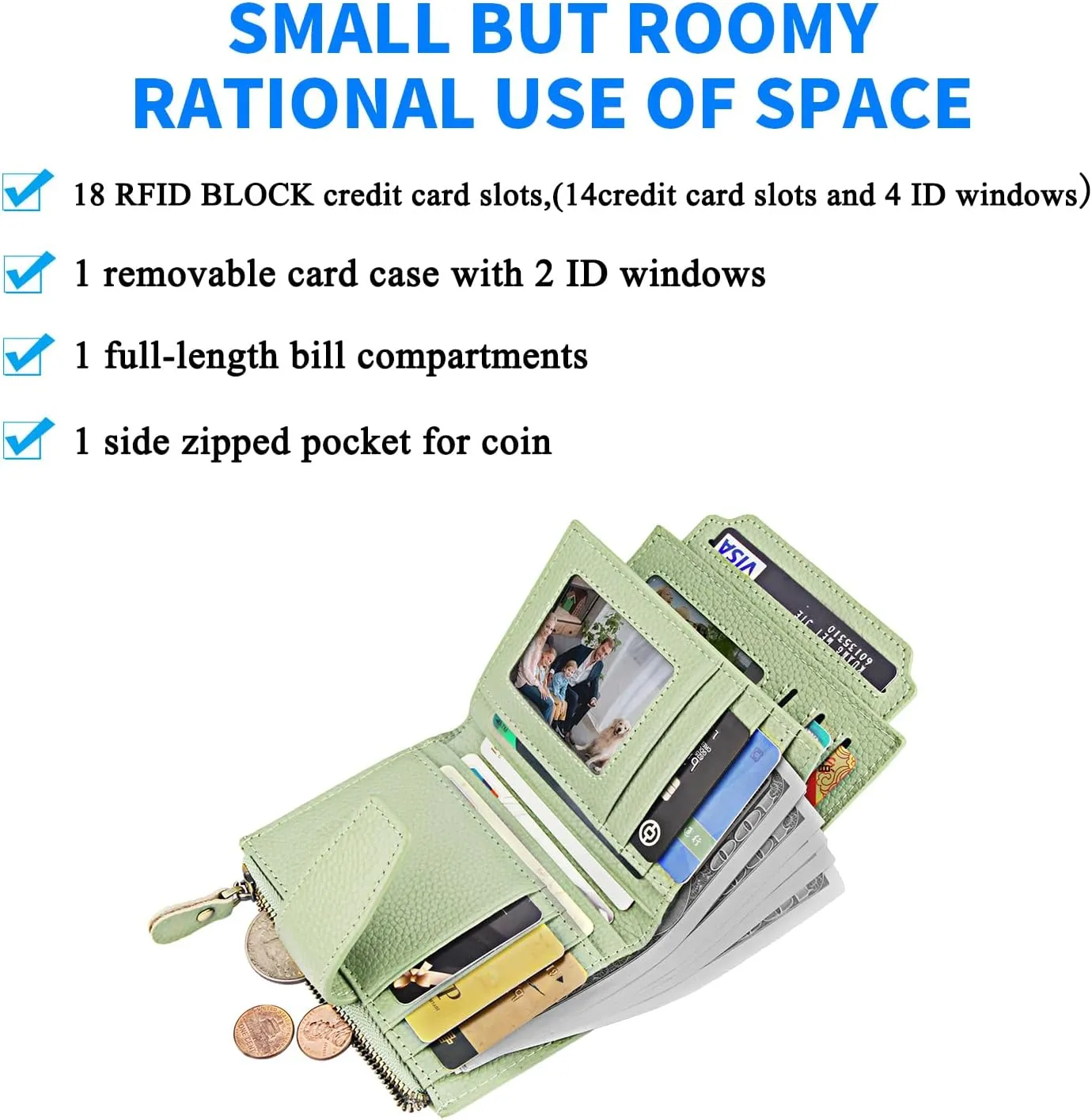 FT FUNTOR Small Wallet for Women Genuine Leather Bifold Compact RFID Blocking Zipper Pocket Ladies Credit Card Slots Purse with ID Window (Lychee Light Green)