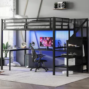 Full Loft Bed with Stairs and Wardrobe, Full Size Loft Bed with Desk and Storage, Metal Loft Bed with Charging Station and Light, Balck