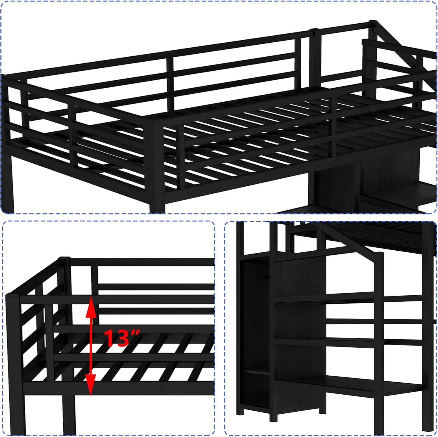 Full Loft Bed with Stairs and Wardrobe, Full Size Loft Bed with Desk and Storage, Metal Loft Bed with Charging Station and Light, Balck