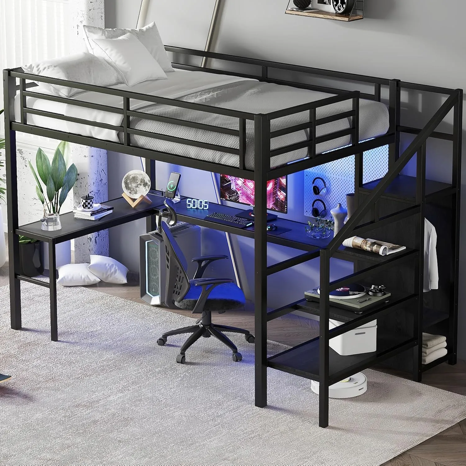 Full Loft Bed with Stairs and Wardrobe, Full Size Loft Bed with Desk and Storage, Metal Loft Bed with Charging Station and Light, Balck