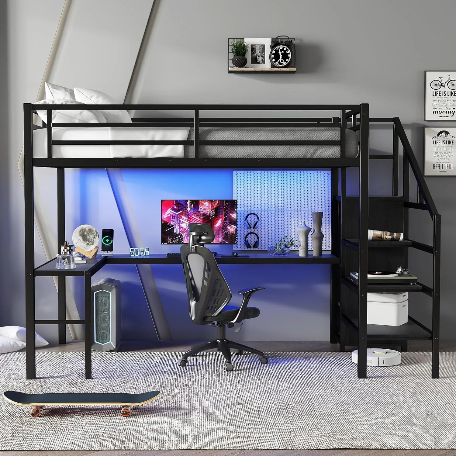 Full Loft Bed with Stairs and Wardrobe, Full Size Loft Bed with Desk and Storage, Metal Loft Bed with Charging Station and Light, Balck