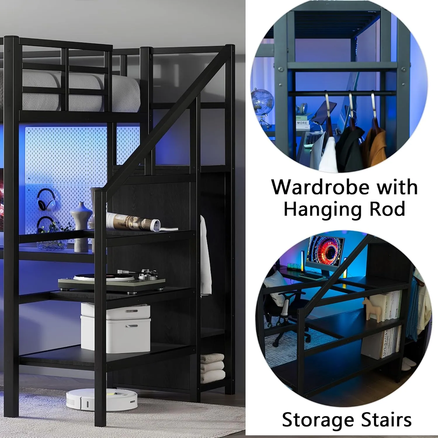 Full Loft Bed with Stairs and Wardrobe, Full Size Loft Bed with Desk and Storage, Metal Loft Bed with Charging Station and Light, Balck