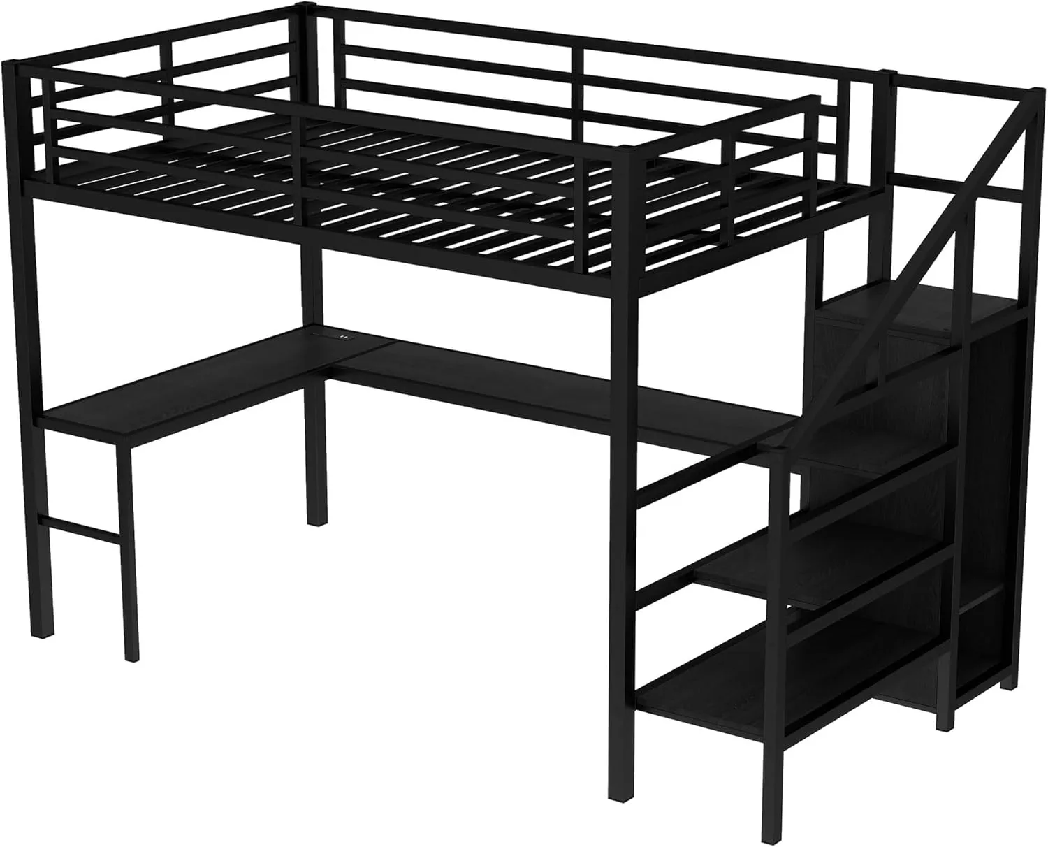 Full Loft Bed with Stairs and Wardrobe, Full Size Loft Bed with Desk and Storage, Metal Loft Bed with Charging Station and Light, Balck