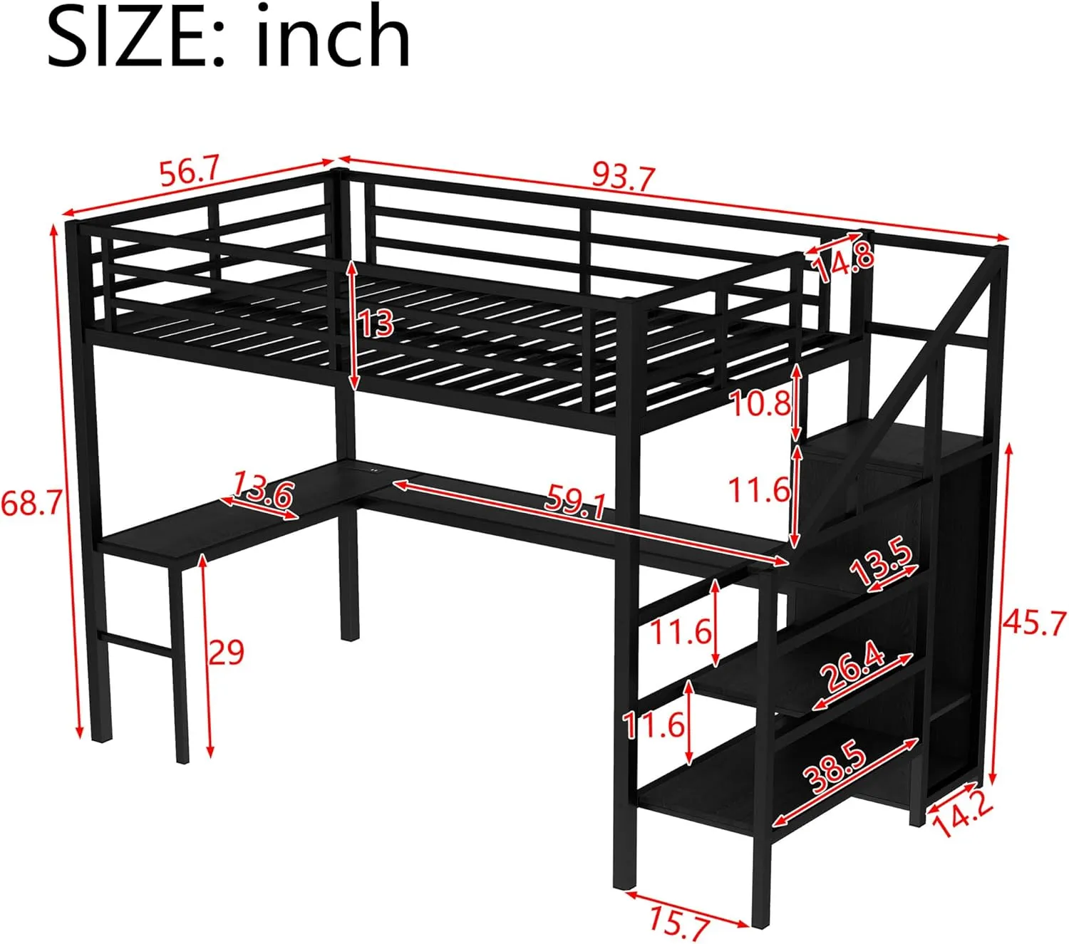 Full Loft Bed with Stairs and Wardrobe, Full Size Loft Bed with Desk and Storage, Metal Loft Bed with Charging Station and Light, Balck