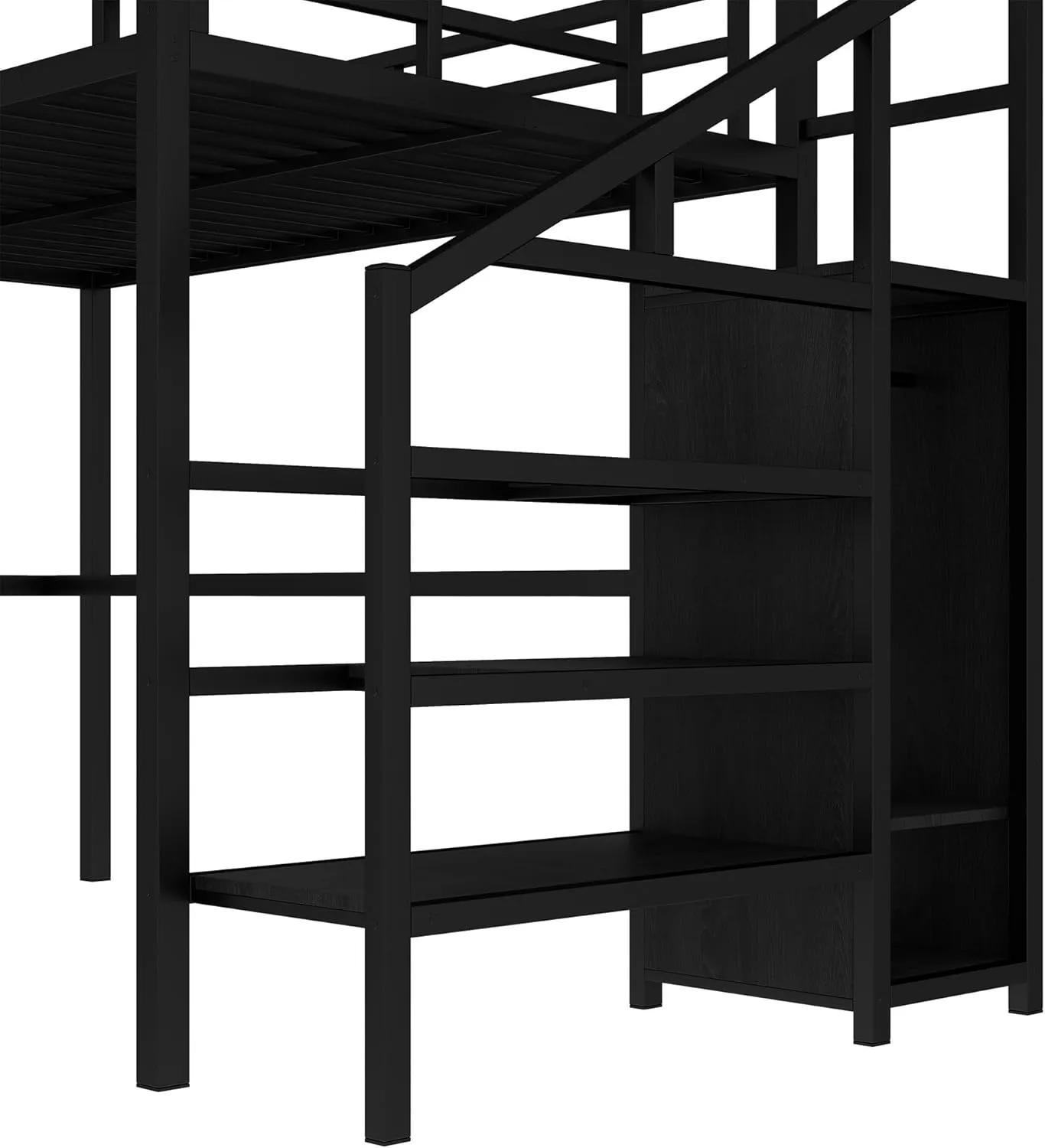 Full Loft Bed with Stairs and Wardrobe, Full Size Loft Bed with Desk and Storage, Metal Loft Bed with Charging Station and Light, Balck