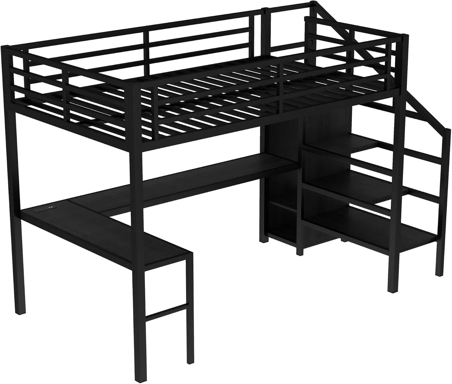 Full Loft Bed with Stairs and Wardrobe, Full Size Loft Bed with Desk and Storage, Metal Loft Bed with Charging Station and Light, Balck