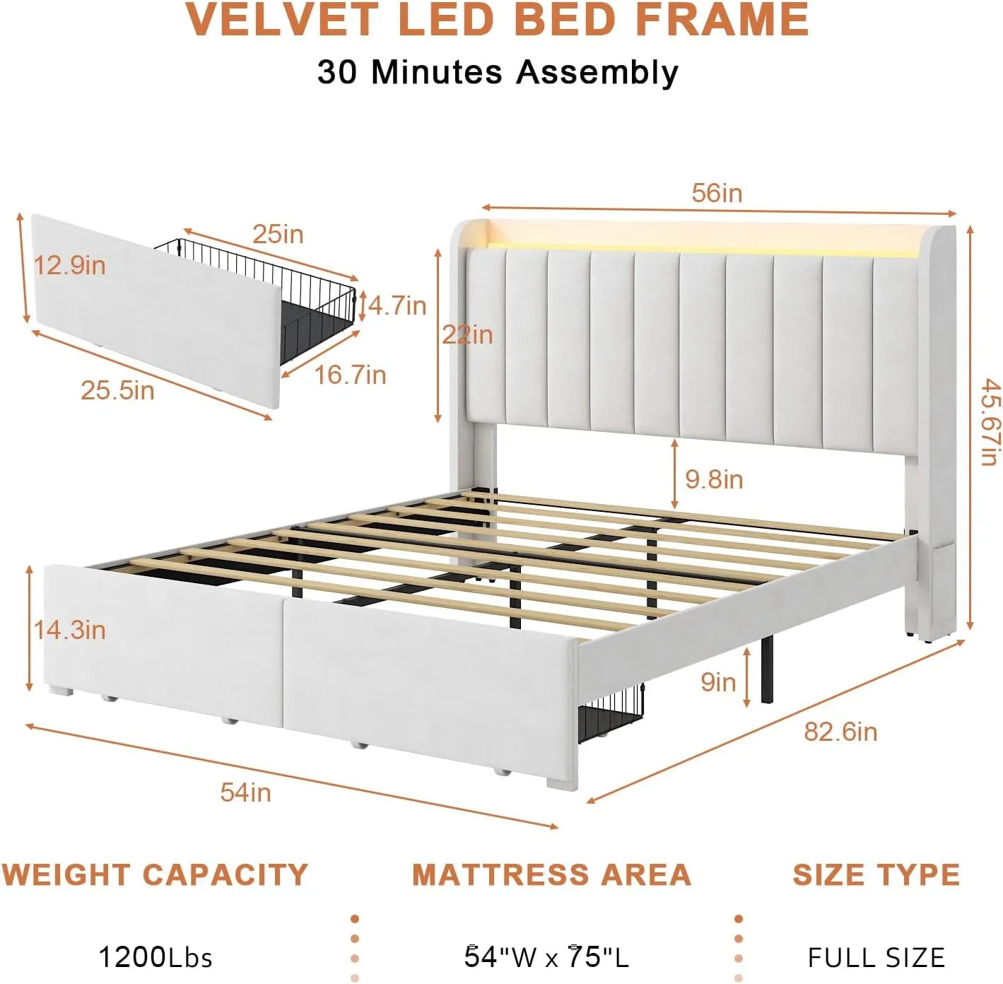 Full Size Bed Frame with Storage Headboard, Upholstered Platform Bed Frame with LED Lights, Drawers, Charging Station, Wood Slats Support, No Box Spring Needed, Noise Free, Beige