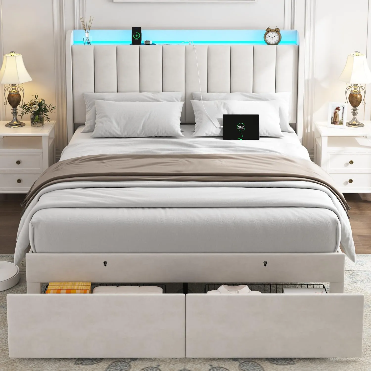 Full Size Bed Frame with Storage Headboard, Upholstered Platform Bed Frame with LED Lights, Drawers, Charging Station, Wood Slats Support, No Box Spring Needed, Noise Free, Beige