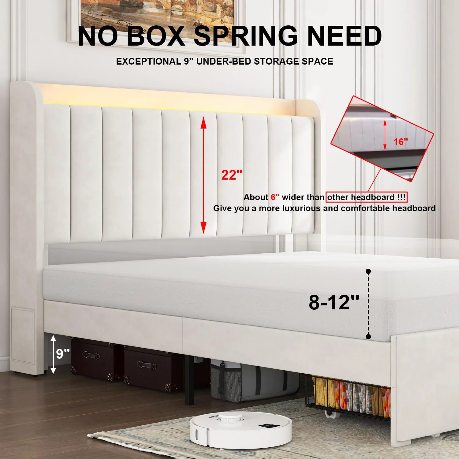 Full Size Bed Frame with Storage Headboard, Upholstered Platform Bed Frame with LED Lights, Drawers, Charging Station, Wood Slats Support, No Box Spring Needed, Noise Free, Beige