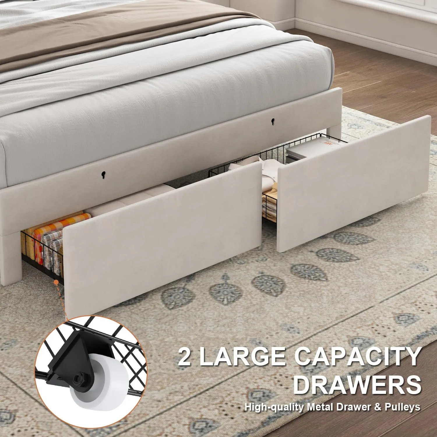 Full Size Bed Frame with Storage Headboard, Upholstered Platform Bed Frame with LED Lights, Drawers, Charging Station, Wood Slats Support, No Box Spring Needed, Noise Free, Beige