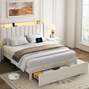Full Size Bed Frame with Storage Headboard, Upholstered Platform Bed Frame with LED Lights, Drawers, Charging Station, Wood Slats Support, No Box Spring Needed, Noise Free, Beige