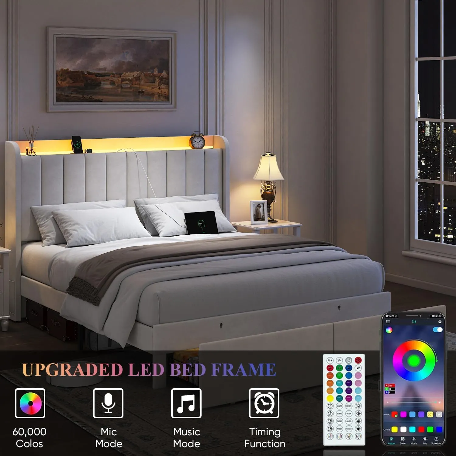Full Size Bed Frame with Storage Headboard, Upholstered Platform Bed Frame with LED Lights, Drawers, Charging Station, Wood Slats Support, No Box Spring Needed, Noise Free, Beige