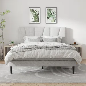 Full Size Platform Bed Frame with Geometric Upholstered Headboard, Noise Free, Wooden Slats Support, No Box Spring Needed, Easy Assembly, Light Grey, Linen