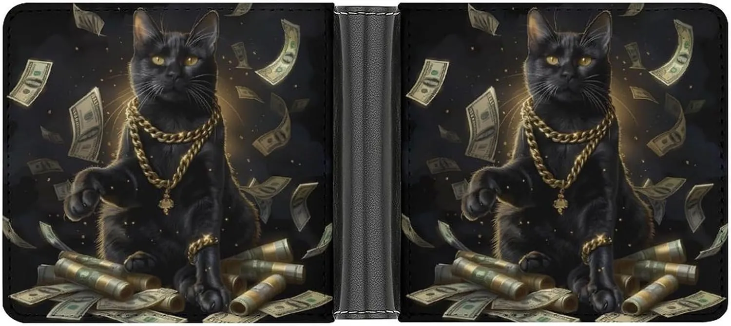 Funny Black Lucky Cat Money Dollar PU Leather Wallet Slim Bifold Wallet Mini Pocket Purse for Unisex
