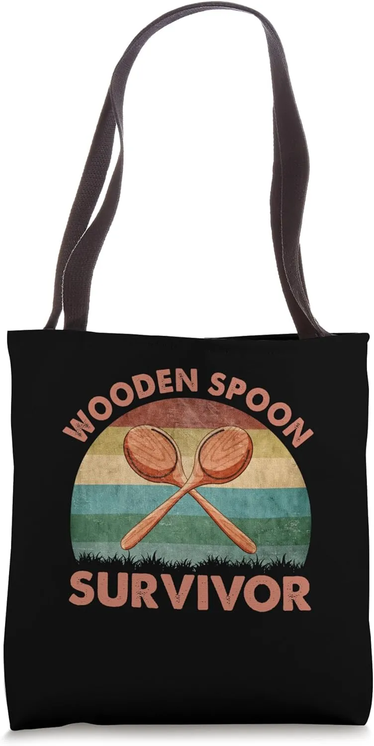 Funny Wooden Spoon Survivor Vintage Retro Quote Tote Bag