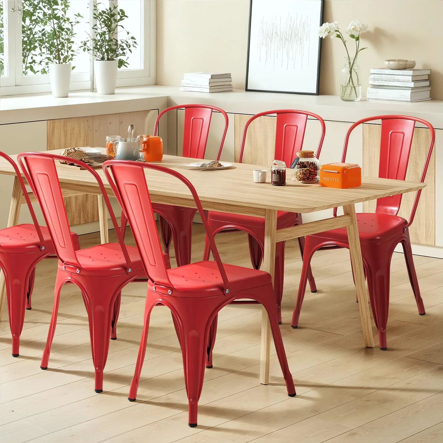 Furmax Metal Dining Chair Indoor Outdoor Use Stackable Classic Trattoria Chair Chic Dining Bistro Cafe Side Metal Chairs Set of 4 (Cerise)