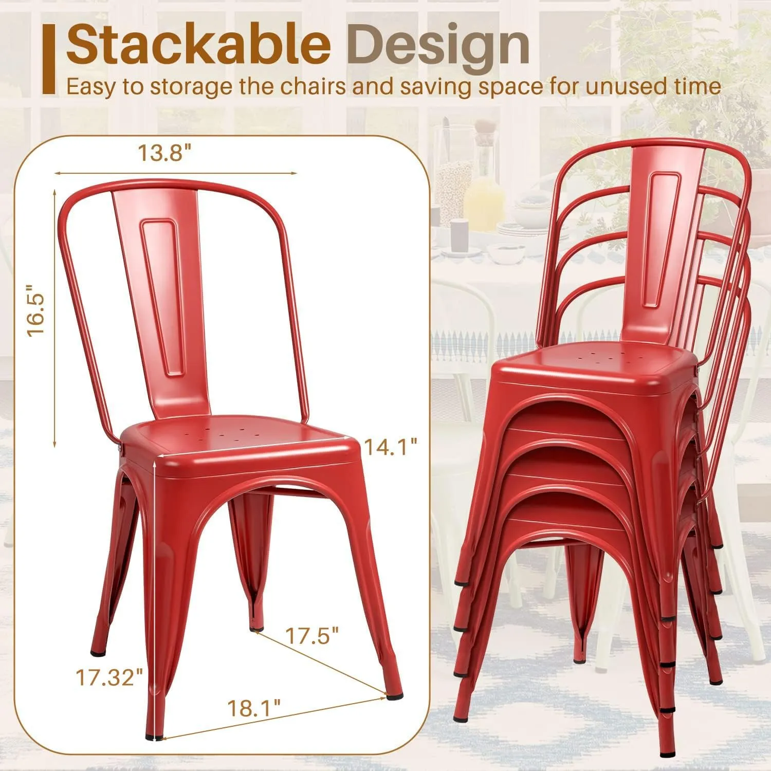 Furmax Metal Dining Chair Indoor Outdoor Use Stackable Classic Trattoria Chair Chic Dining Bistro Cafe Side Metal Chairs Set of 4 (Cerise)