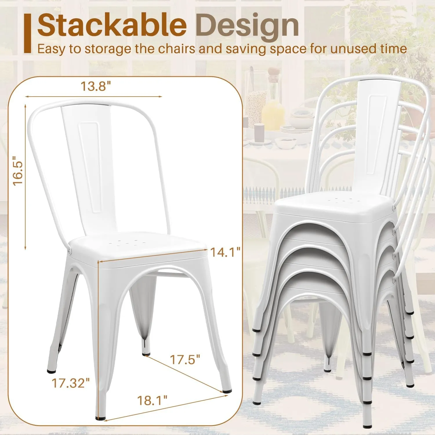 Furmax Metal Dining Chair Indoor Outdoor Use Stackable Classic Trattoria Chair Chic Dining Bistro Cafe Side Metal Chairs Set of 4 (Ivory White)