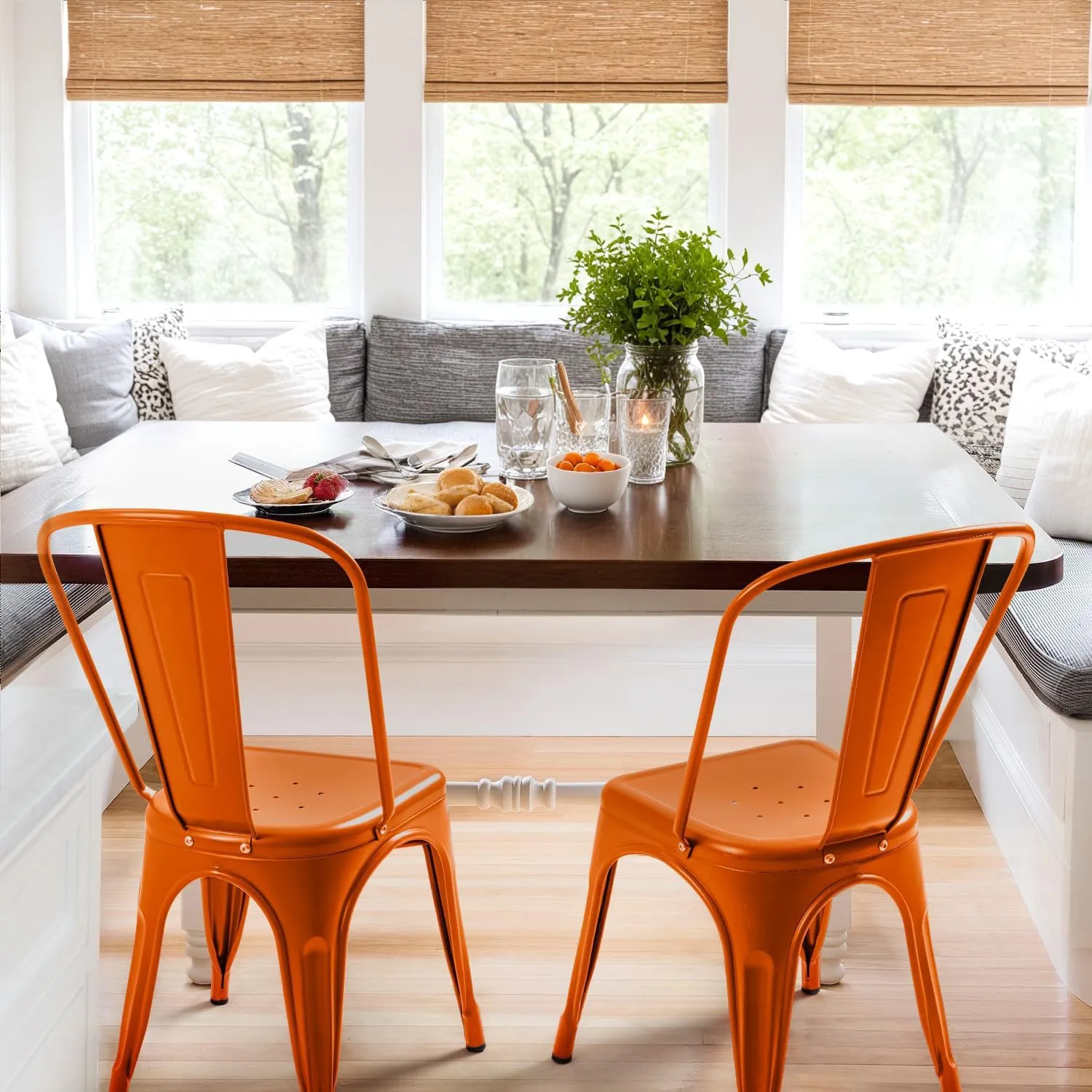 Furmax Metal Dining Chair Indoor Outdoor Use Stackable Classic Trattoria Chair Chic Dining Bistro Cafe Side Metal Chairs Set of 4 (Orange)