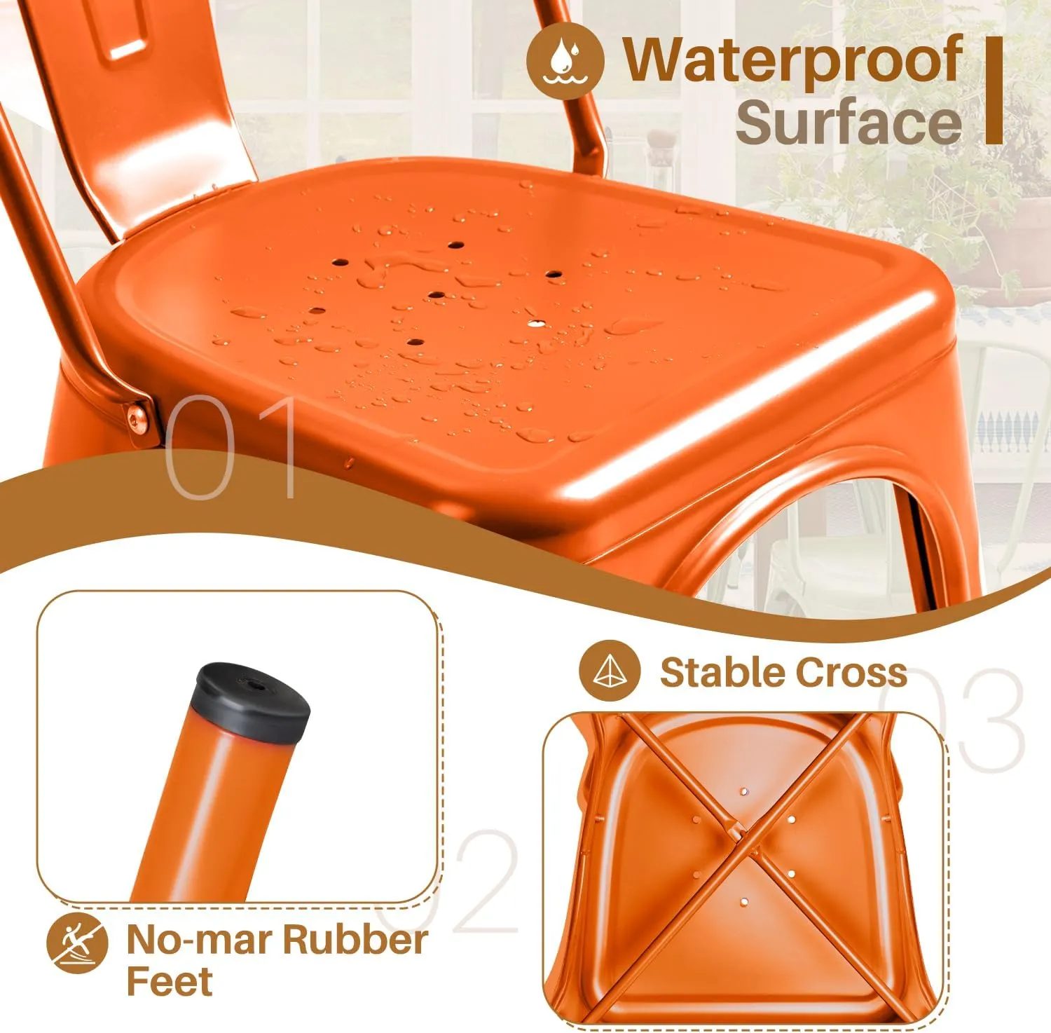 Furmax Metal Dining Chair Indoor Outdoor Use Stackable Classic Trattoria Chair Chic Dining Bistro Cafe Side Metal Chairs Set of 4 (Orange)
