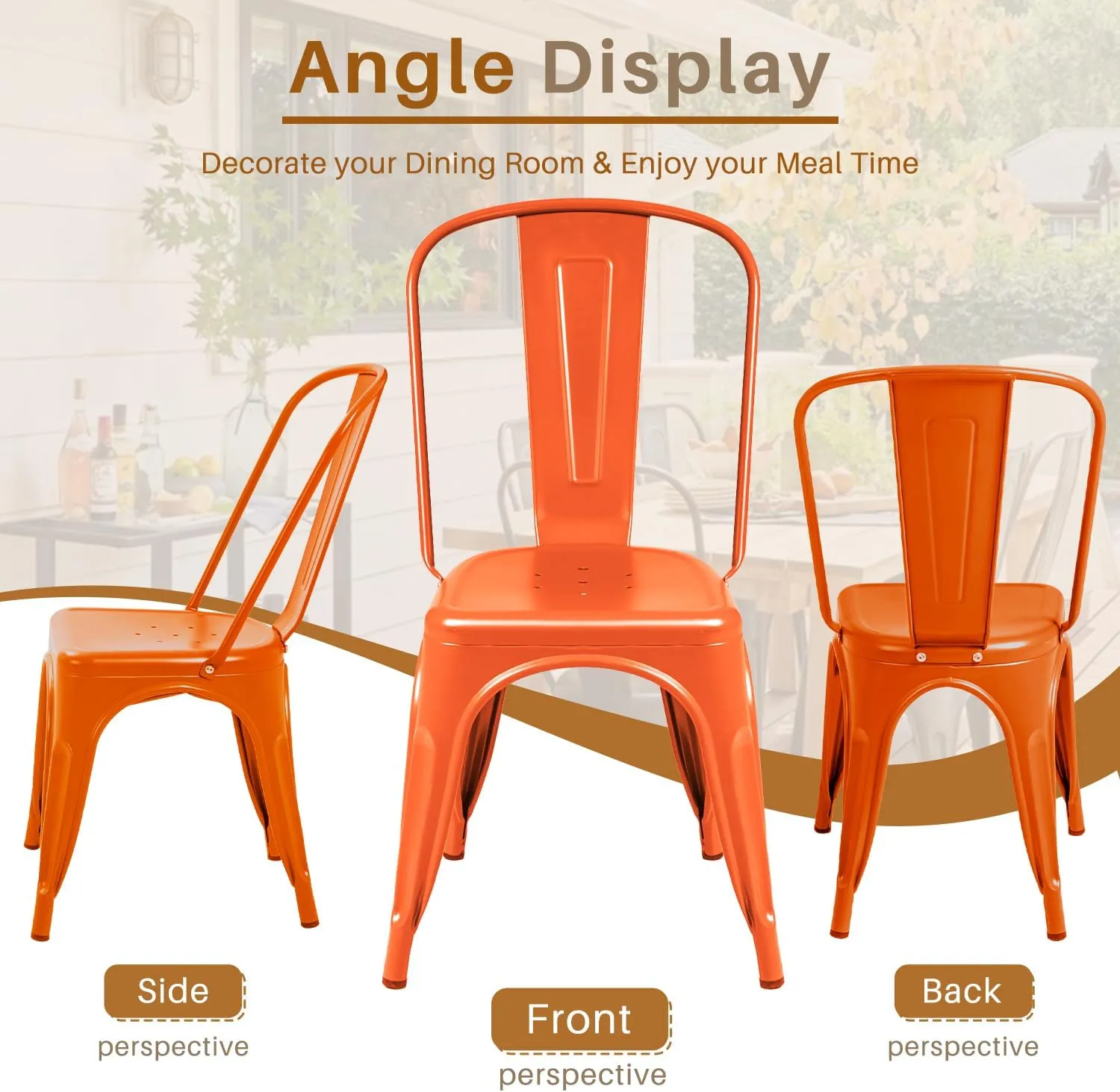 Furmax Metal Dining Chair Indoor Outdoor Use Stackable Classic Trattoria Chair Chic Dining Bistro Cafe Side Metal Chairs Set of 4 (Orange)