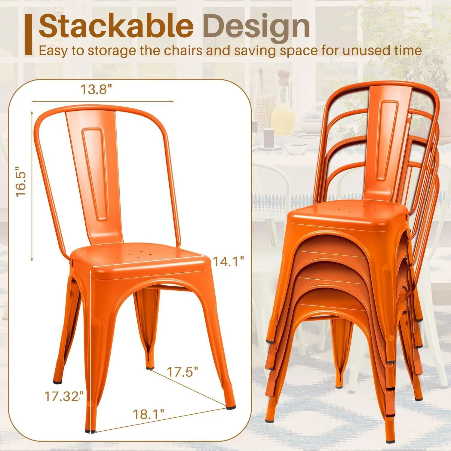 Furmax Metal Dining Chair Indoor Outdoor Use Stackable Classic Trattoria Chair Chic Dining Bistro Cafe Side Metal Chairs Set of 4 (Orange)