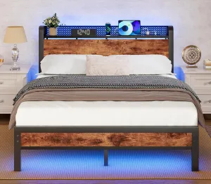 Furnulem Full Bed Frame with LED Lights,Industrial Storage Headboard with Charging Station,USB Port,Under Bed Storage,Wood Platform with Strong Metal Support,No Box Spring Needed, Silent