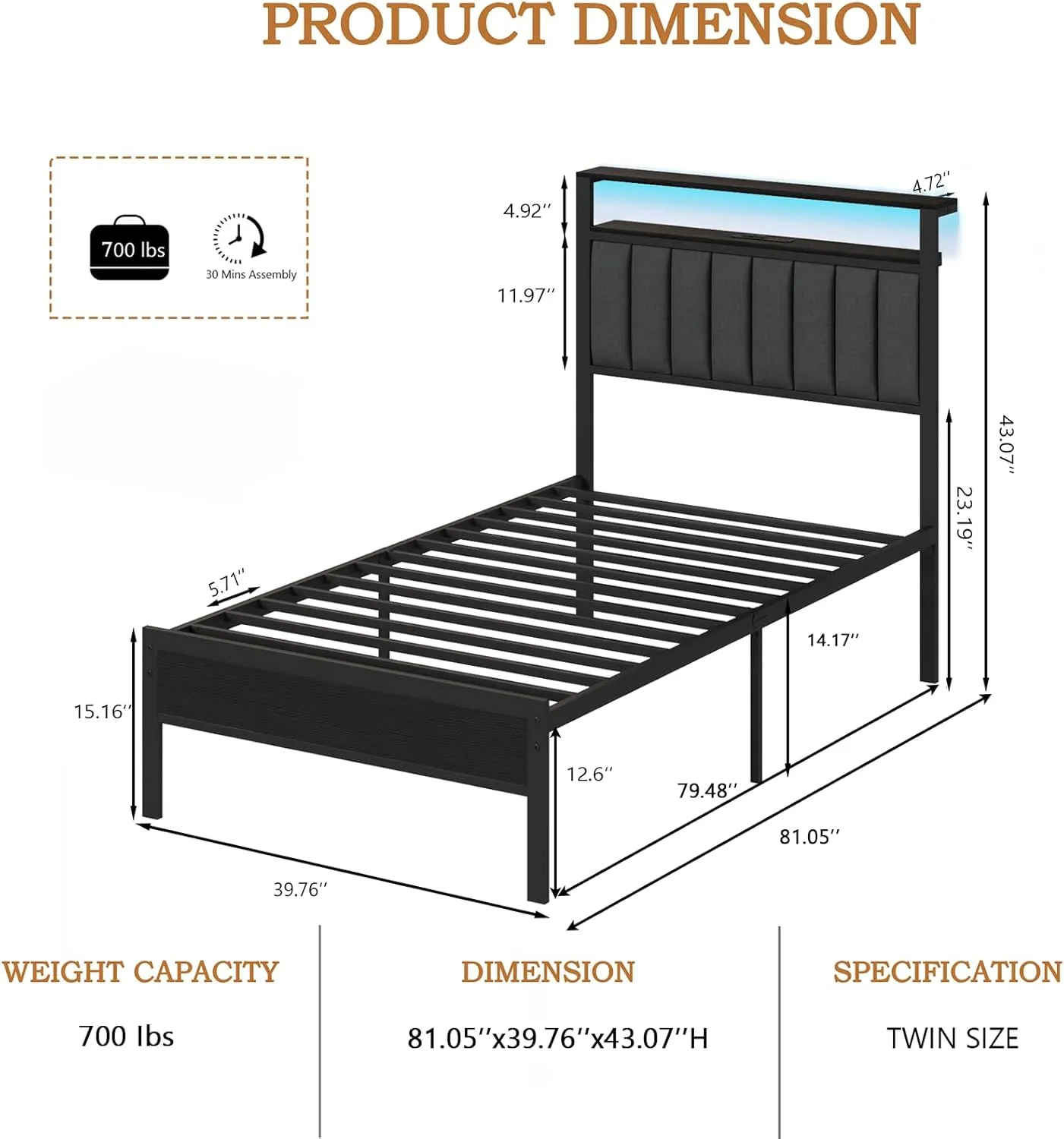 Furnulem Twin Size Bed Frame with Charging Station and LED Lights, Platform Bed with Metal Slats, Grey Upholstered Headboard with 2-Tier Storage Shelves, No Box Spring Needed