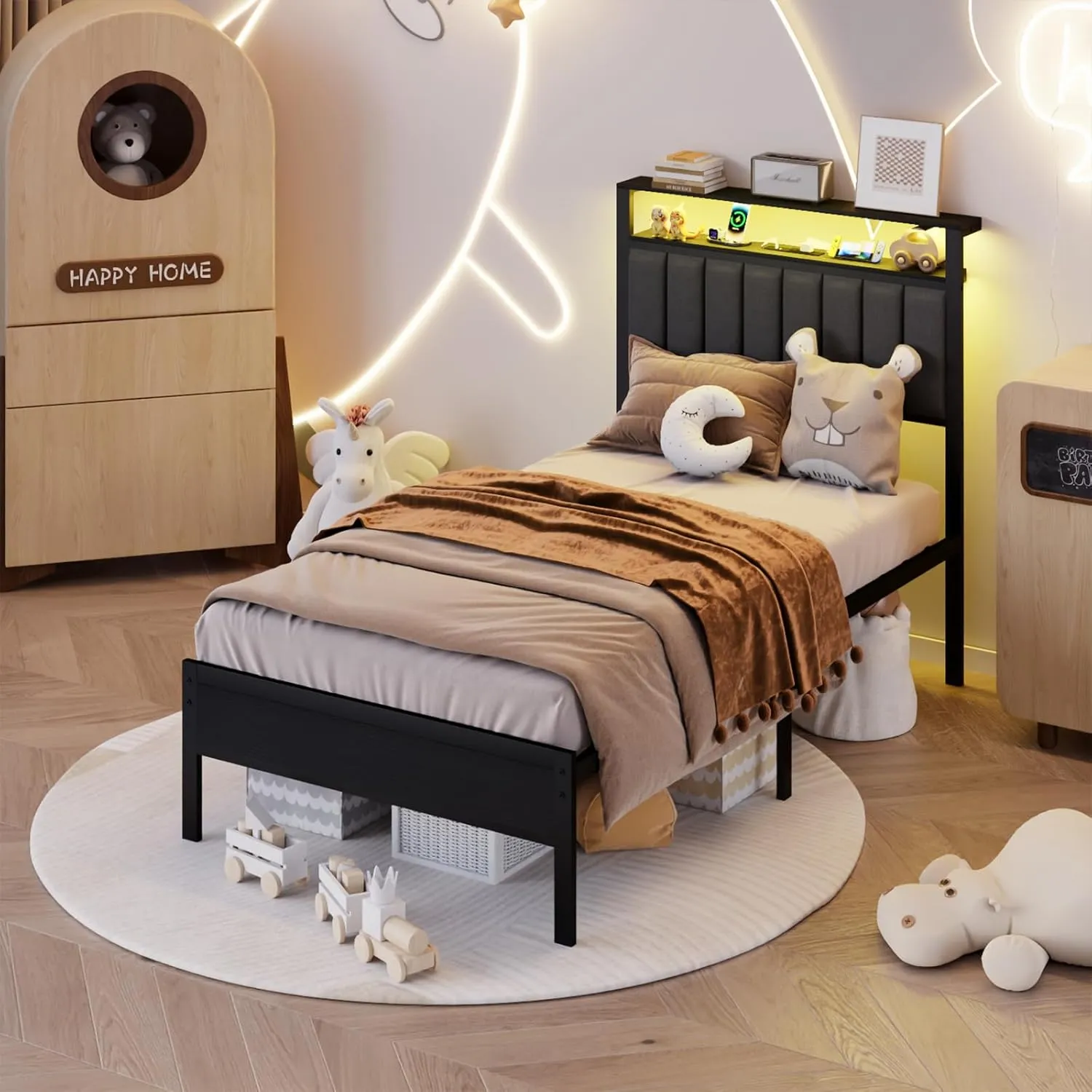 Furnulem Twin Size Bed Frame with Charging Station and LED Lights, Platform Bed with Metal Slats, Grey Upholstered Headboard with 2-Tier Storage Shelves, No Box Spring Needed